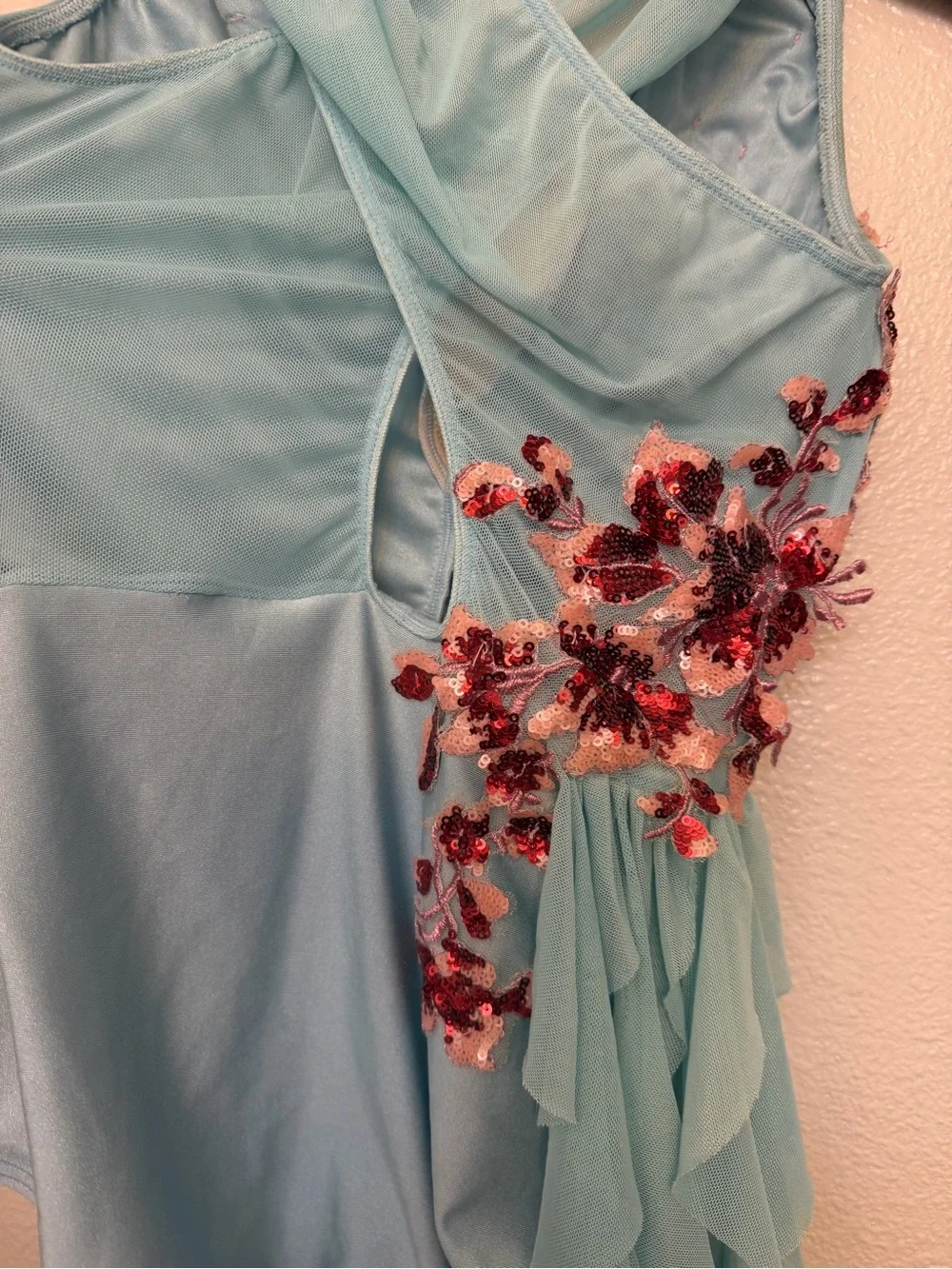 Glamour solo dance costume aqua blue lyrical contemporary mesh dress SA